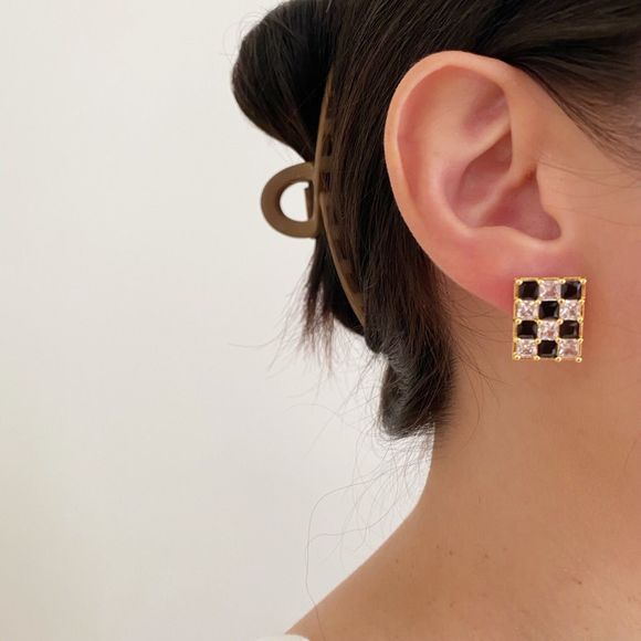 18K Gold Plated Black White Checkerboard Diamond CZ Pave Earrings - Picture 4 of 4